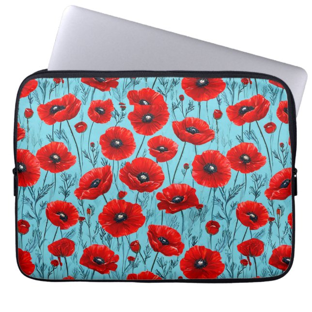 Funda Para Portátil Amapolas rojas sobre un fondo azul (Frente)