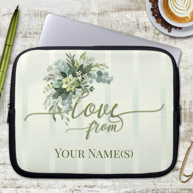 Funda Para Portátil Amar el filtro de guiones de vegetación (Elegant floral striped watercolor personalized laptop sleeve with  script text)