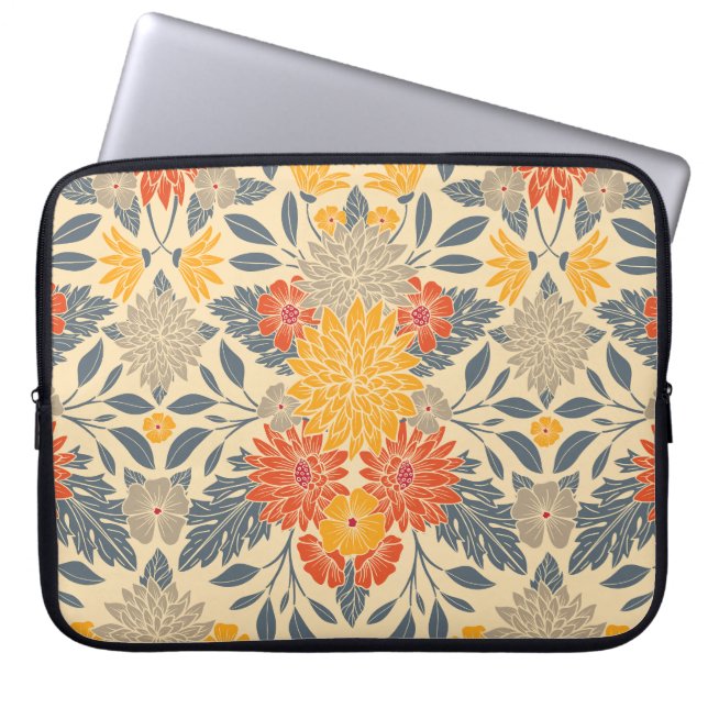 Funda Para Portátil Amarillo cálido, Naranja y floral azul (Frente)