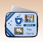 Funda Para Portátil Añadir fotos mascotas amante del café azul profund<br><div class="desc">Idea de regalo de manga para portátiles. Amante de los animales y del café. Reemplace las 2 fotos con las suyas y agregue un nombre. Azul profundo y pálido.</div>