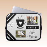 Funda Para Portátil Añadir fotos mascotas amante del café negro y gris<br><div class="desc">Idea de regalo de manga para portátiles. Amante de los animales y del café. Reemplace las 2 fotos con las suyas y agregue un nombre. Negro y gris.</div>