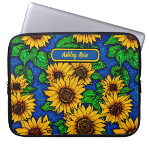 Funda Para Portátil Añadir nombre girasoles dorados y hojas en azul os