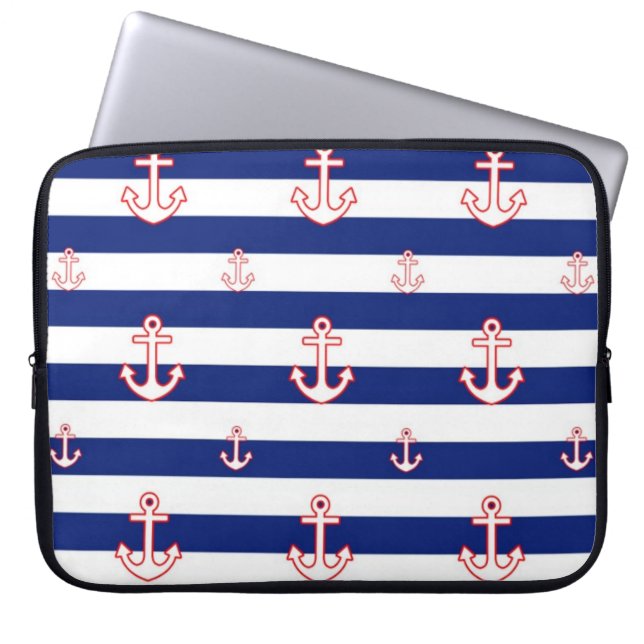 Funda Para Portátil Anchors on Stripes Nautical Pattern (Frente)