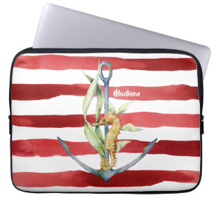 Funda Para Portátil Ancla náutica de franjas rojas y caballito de mar 