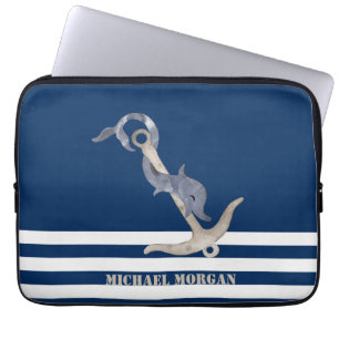 Funda Para Portátil Ancla Náutica Delfín Rayas Azul Marino Marinero  