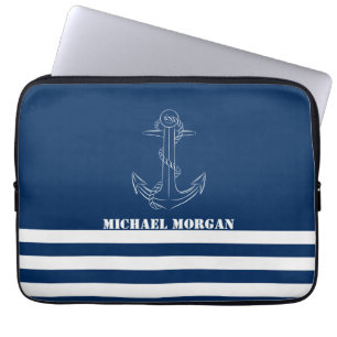 Funda Para Portátil Ancla Náutica, Marinero de Rayas Azul Marino