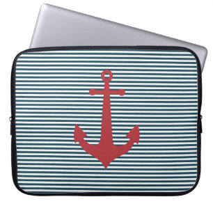 Funda Para Portátil ancla náutica roja sobre fondo azul rayado