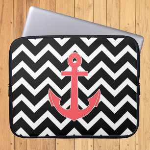 Funda Para Portátil Ancla Rosa Chevron Negro