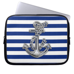 Funda Para Portátil Anclaje cromado de rayas de la marina