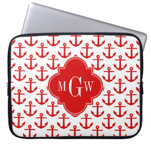 Funda Para Portátil Anclajes rojos en blanco, rojo 3 monograma inicial