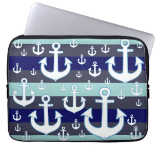 Funda Para Portátil anclas blancas con franjas azules náuticas