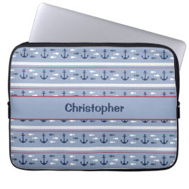 Funda Para Portátil Anclas Náuticas Azules y Blancas Personalizadas 