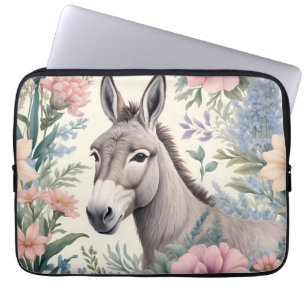 Funda Para Portátil Animación de granja con flores Donkey Pastel