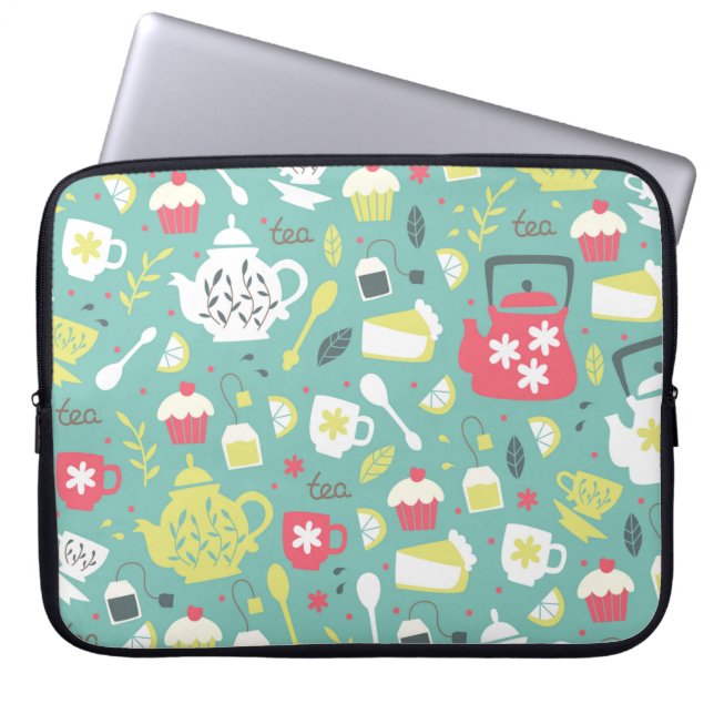 Funda Para Portátil Antecedentes con teteras, tazas, limón, flores a (Frente)