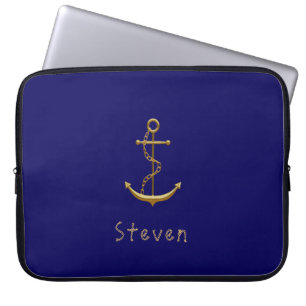 Funda Para Portátil Anuncio náutico de oro con nombre personalizado az