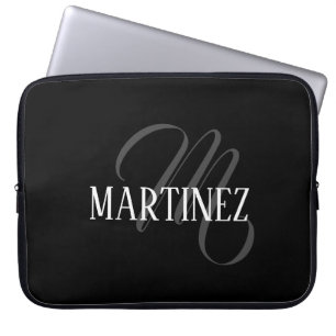 Funda Para Portátil Apellido personalizado elegante negro   Nombre