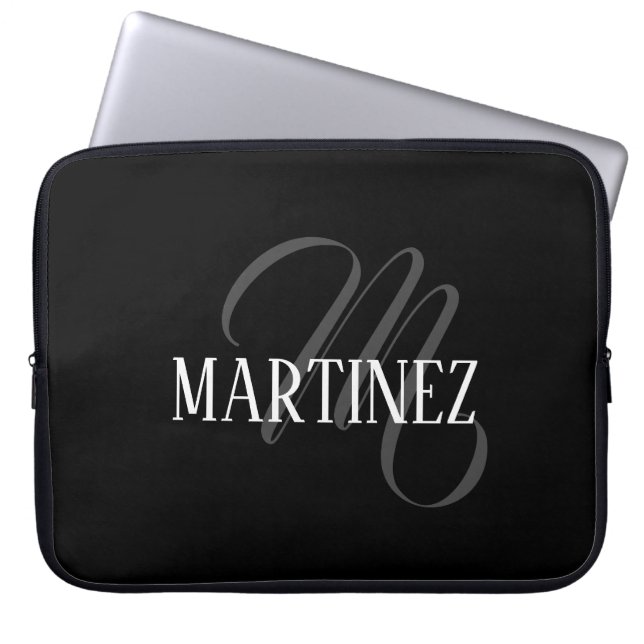 Funda Para Portátil Apellido personalizado elegante negro | Nombre (Frente)