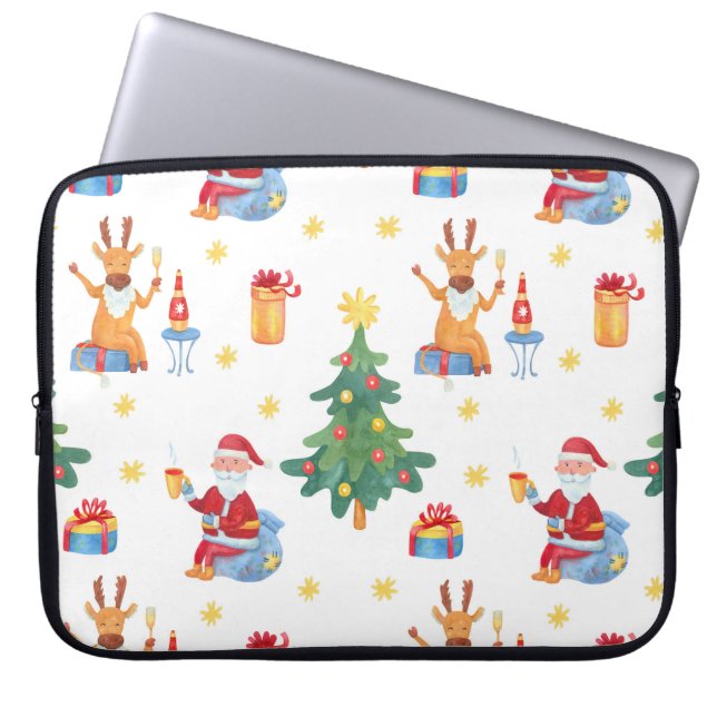 Funda Para Portátil Árboles de Navidad, Santa: patrón de acuarela. (Frente)