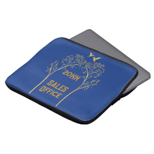 Funda Para Portátil Árboles de oro monogramados con pájaros en azul