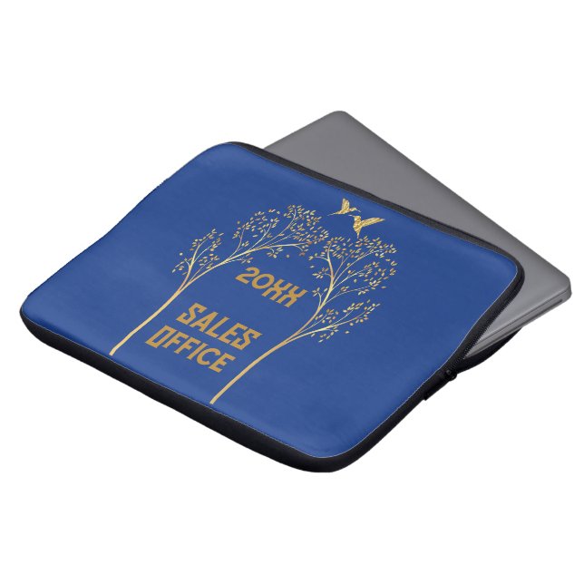 Funda Para Portátil Árboles de oro monogramados con pájaros en azul | (Superior anverso)