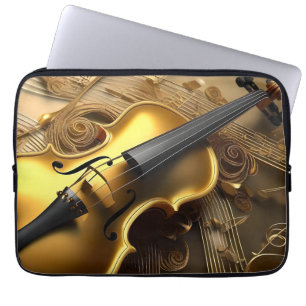 Funda Para Portátil Armonía Dorada: Violín Antiguo en Notas Brillantes