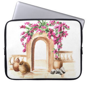 Funda Para Portátil arquitectura mediterránea, flores, acuarela, h