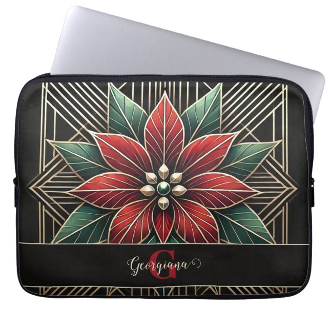 Funda Para Portátil Art Decó Floral Retro Personalizado Poinsettia (Frente)