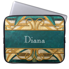 Funda Para Portátil Art Deco Green and Gold Stripes Personalized