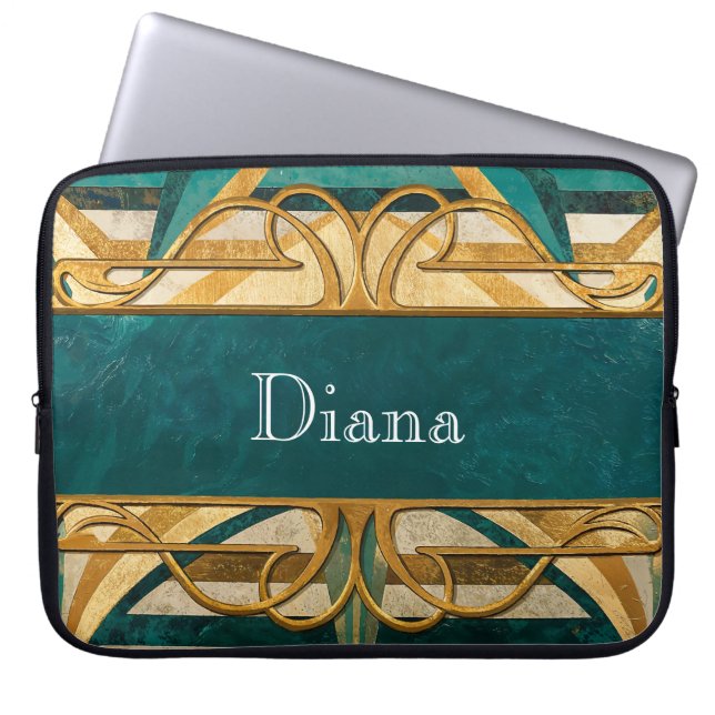 Funda Para Portátil Art Deco Green and Gold Stripes Personalized (Frente)