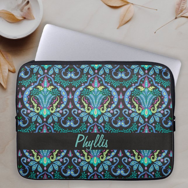 Funda Para Portátil Art Deco Moderno Nombre turquesa negro personaliza (Modern Damask in Turquoise, Teal and Black pattern with name personalized across a laptop case)