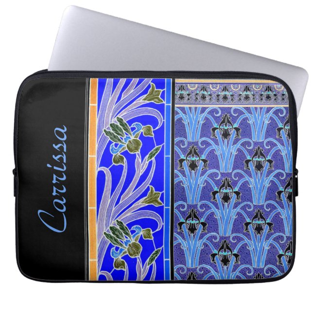 Funda Para Portátil Art Nouveau iris flor elegante verneuil azul negro (Frente)