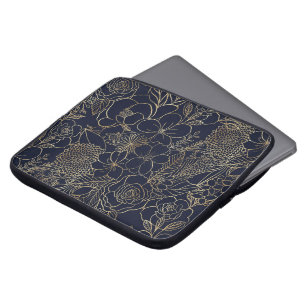 Funda Para Portátil Arte de la línea de Doodles Blue Floral Gold Moder