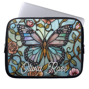 Funda Para Portátil Arte de mariposa azul de vidrio emplomado vintage