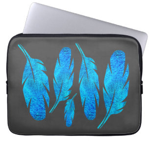 Funda Para Portátil Arte de plumas de color azul boho acuático
