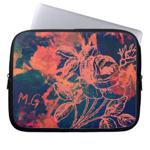 Funda Para Portátil Arte de Rosa Roja Abstracto con Monograma