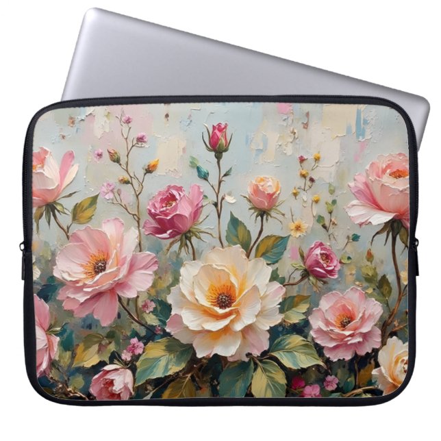 Funda Para Portátil Arte de Rosas de jardín rosa y crema bonito (Frente)