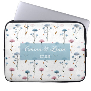 Funda Para Portátil Arte Floral Personalizado Azul y Rosa Minimalista 