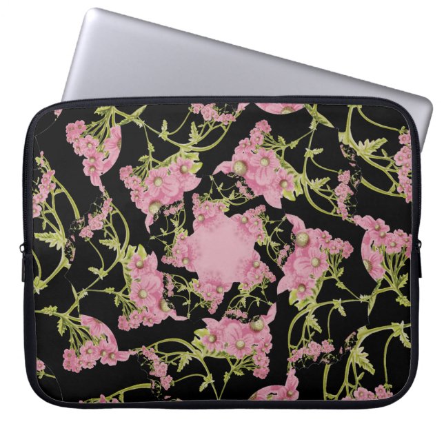 Funda Para Portátil Arte fractal de Achillea rosa y negro (Frente)