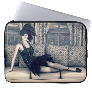 Funda Para Portátil Arte Vintage Mujer Flapper Art Déco Azul