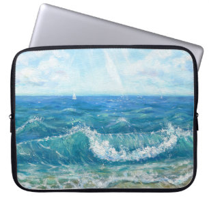 Funda Para Portátil Ataque de verano, olas azules, pintura acrílica.