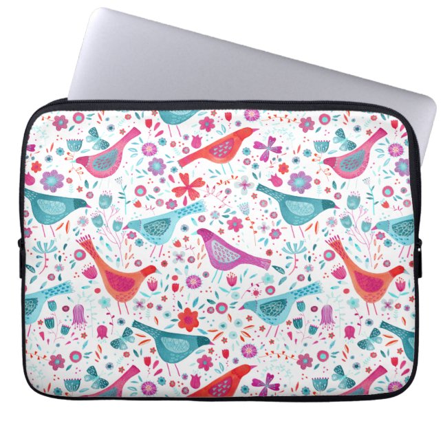 Funda Para Portátil Aves acuarelas en un jardín de flores pintando (Frente)