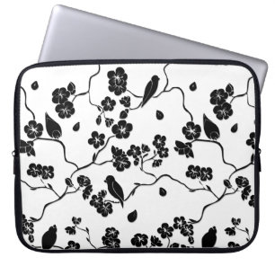 Funda Para Portátil Aves con motivos blancos y negros en flores de cer