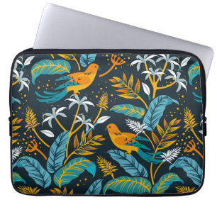 Funda Para Portátil Aves de loro tropical y patrón de hojas coloridas