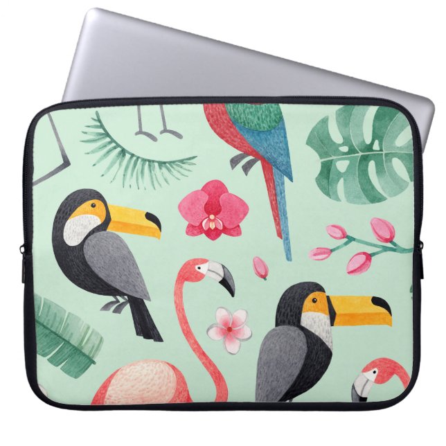 Funda Para Portátil Aves tropicales, flores, acuarela. (Frente)