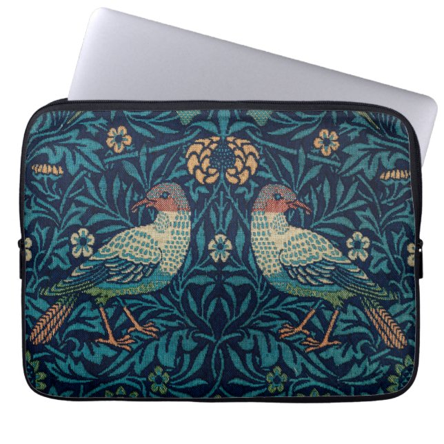 Funda Para Portátil Aves William Morris. Patrón de cosecha azul animal (Frente)