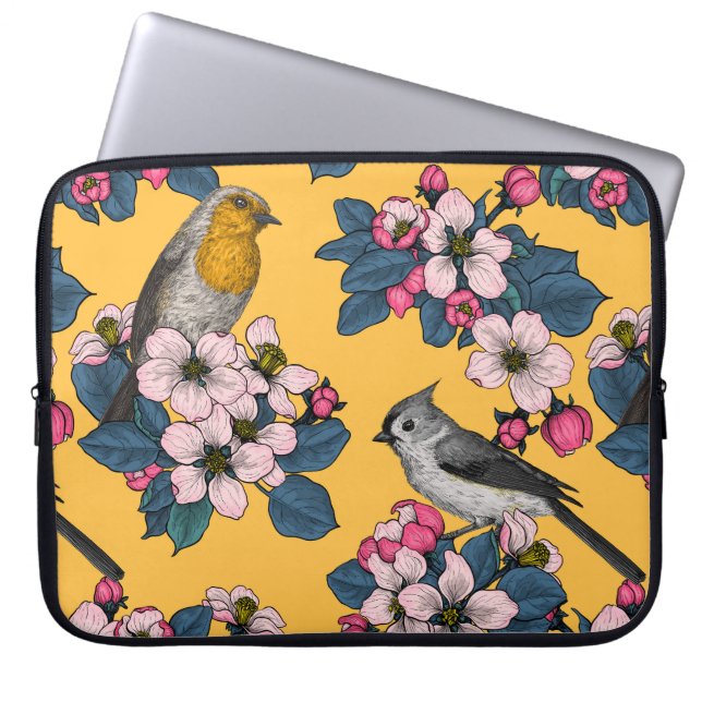Funda Para Portátil Aves y flores en amarillo (Frente)