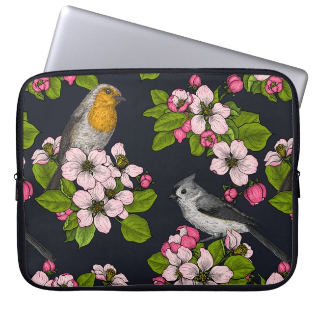 Funda Para Portátil Aves y flores en negro (Frente)
