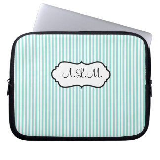 Funda Para Portátil Azul con monograma, manga rayada blanca del