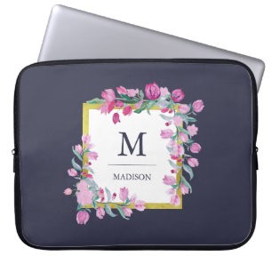 Funda Para Portátil Azul de medianoche con flores de buganvillas rosas