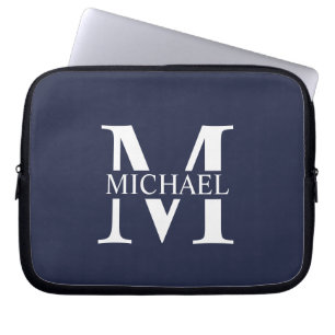 Funda Para Portátil Azul Marino Monograma Personalizado y Nombre